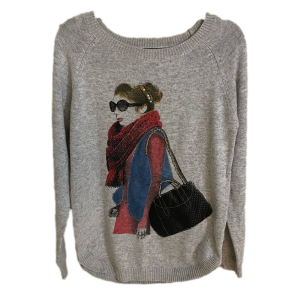 𝅺🎀 Graphic Bejewelled Ladies Longsleeve Wool Mix Top, Size M